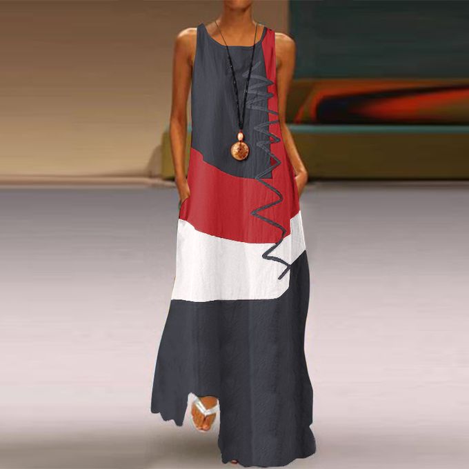 Zanzea Women Sleeveless Color Stitching Casual Long Dress