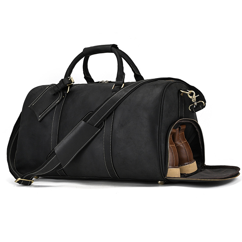 Men's Real-leather Traveling Black Gym Bag